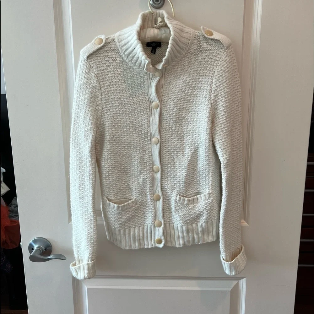 Talbots Sweater Womens Large Cardigan Button Ivory Chunky Knit Wool